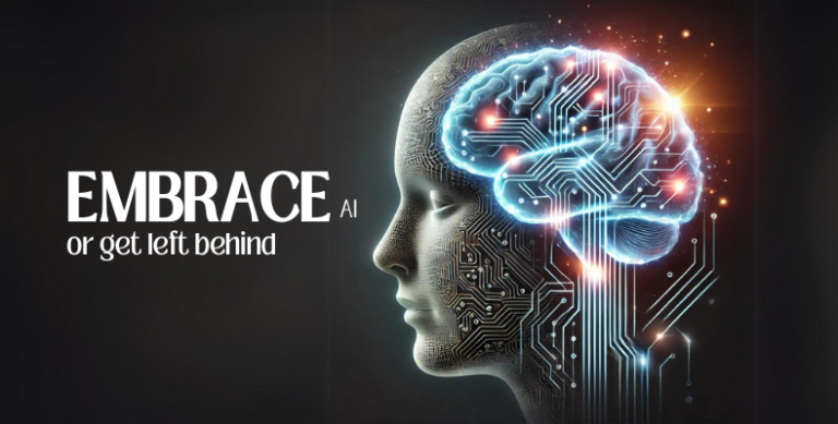 Digital illustration of a human head with a glowing, circuit-filled brain, symbolizing AI-powered business transformation and the importance of adopting AI to stay ahead in online business.