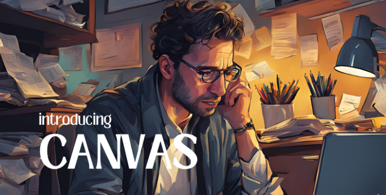 Illustration of a stressed entrepreneur working late at a cluttered desk, highlighting the challenges of content creation. The image promotes Canvas, a tool designed to streamline content creation and support stress-free blogging for non-tech-savvy entrepreneurs