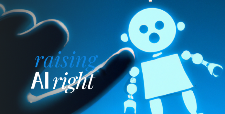 glowing, playful robot illustration being gently touched by a human hand, symbolizing the concept of training AI responsibly by guiding its development with care and intention.