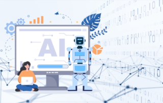 Illustration showing AI in online courses with a robot and a woman using a laptop, symbolizing the integration of AI tools in learning