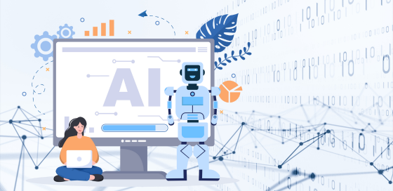 Illustration showing AI in online courses with a robot and a woman using a laptop, symbolizing the integration of AI tools in learning