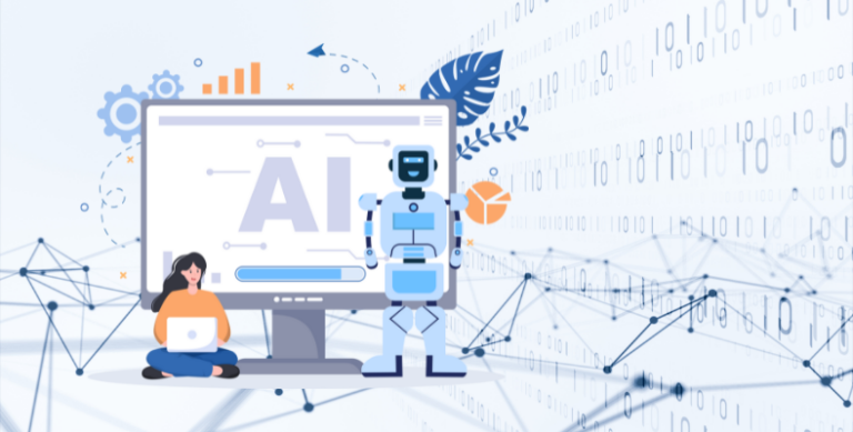 Illustration showing AI in online courses with a robot and a woman using a laptop, symbolizing the integration of AI tools in learning