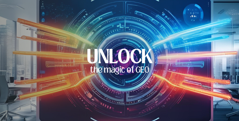 Futuristic digital interface with neon-colored energy beams and circular data visualizations, featuring the text “Unlock the magic of GEO” — a visual metaphor for the power of generative engine optimization in content creation.