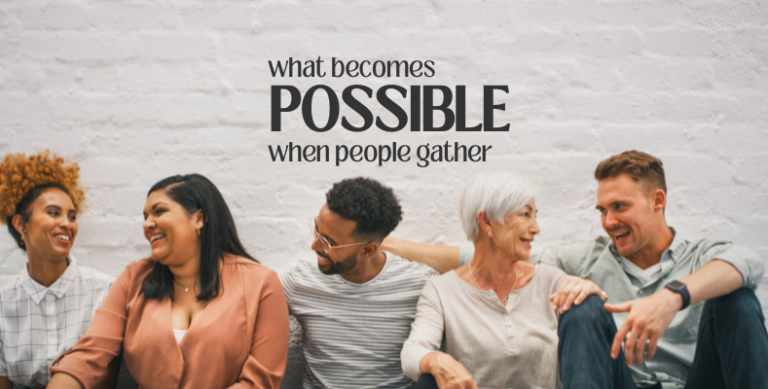 image of group of people sitting in front of a white brick wall to illustrate the concept of what happens when people gather